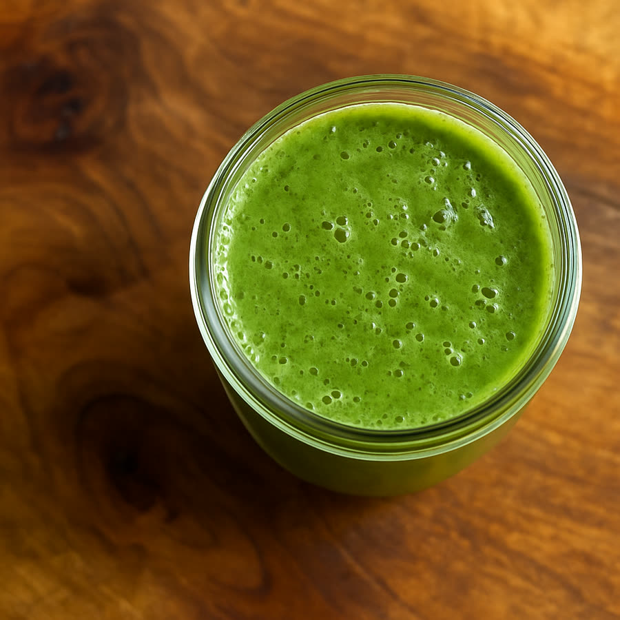 A jar of Begin GI Primer daily greens on a wood table