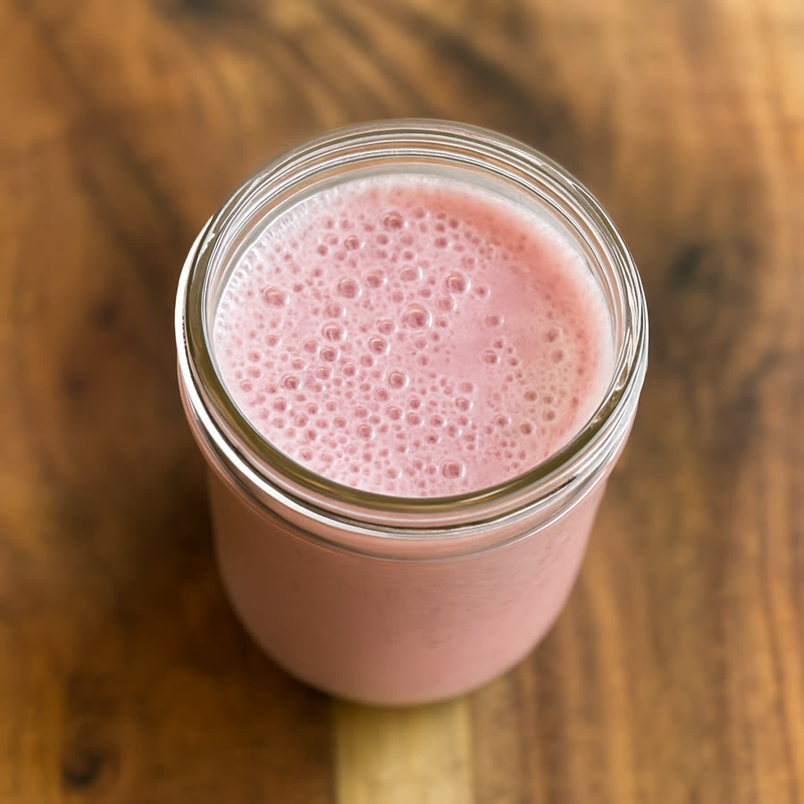 A jar of strawberry watermelon electrolyte drink on a wood table